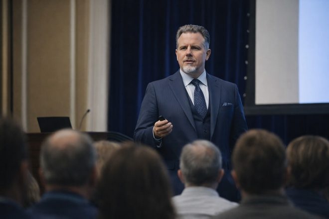 Michael Bagalman speaking on AI strategy and decision science at a conference